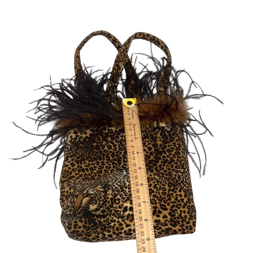 Y2K Glam Mobwife Leopard Print Feather Trim Top Handle Bag - Picture 4 of 7